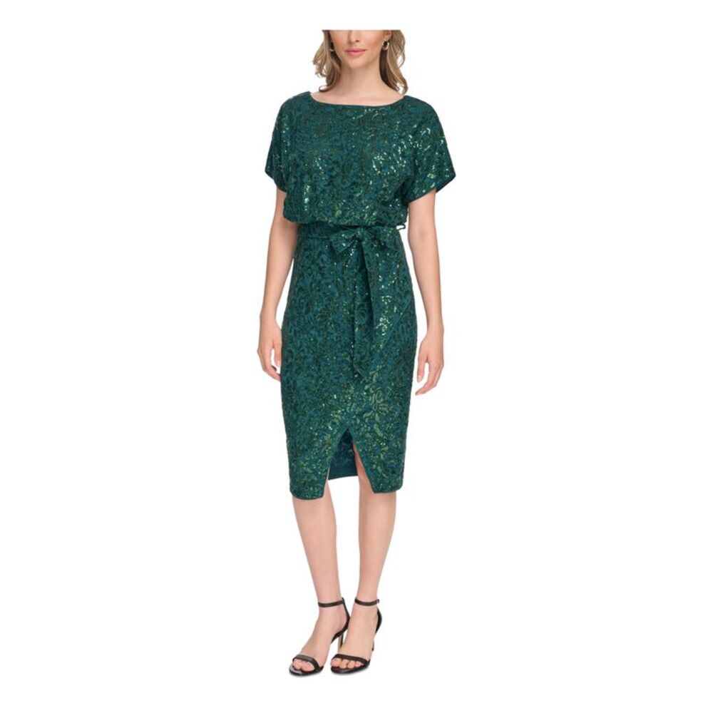KENSIE DRESSES Womens Green Tie Belt Lined Short Sleeve Blouson Dress 4
